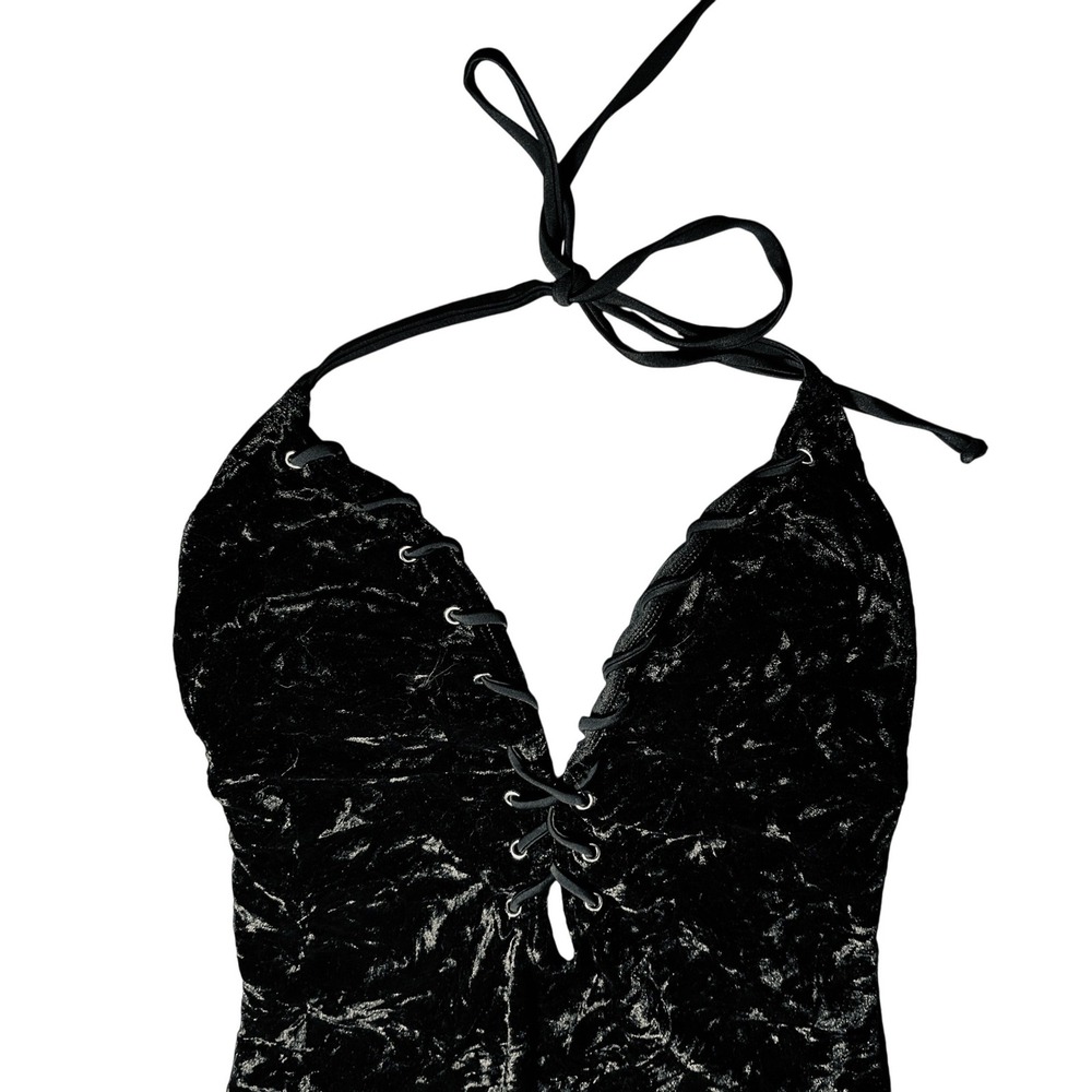 Cabana del Sol Black Crushed Velvet Lace Up One Piece Swimsuit XL NEW - Picture 4 of 7